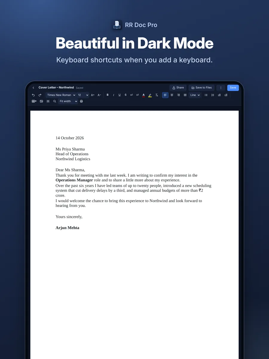 RR Doc Pro on iPad in dark mode