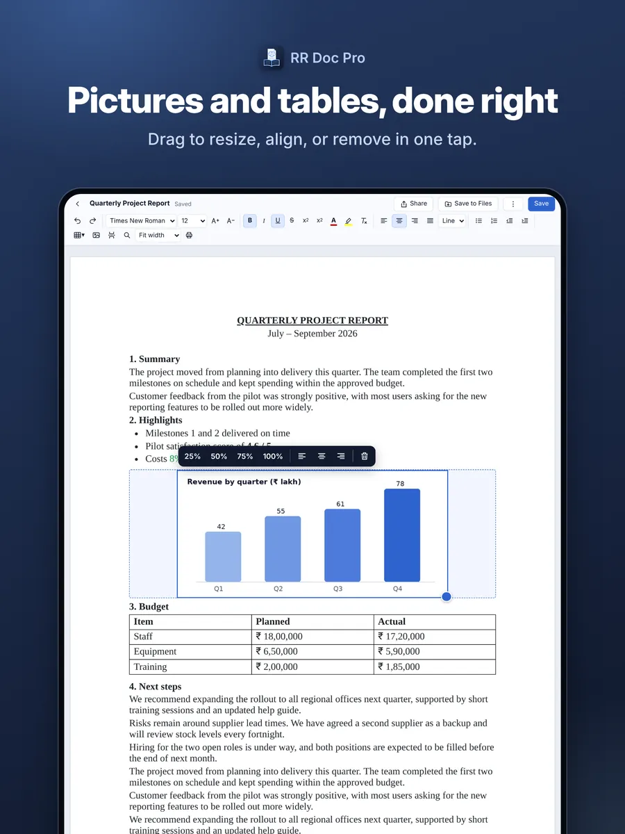 Adding and resizing a picture in a Word document on iPad