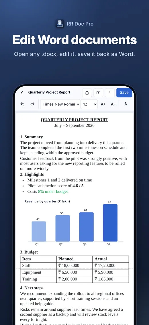 RR Doc Pro on iPhone editing a Word document