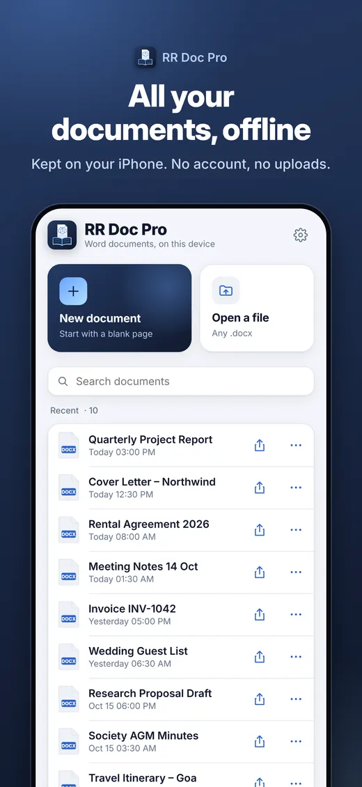 RR Doc Pro on iPhone: list of recent Word documents