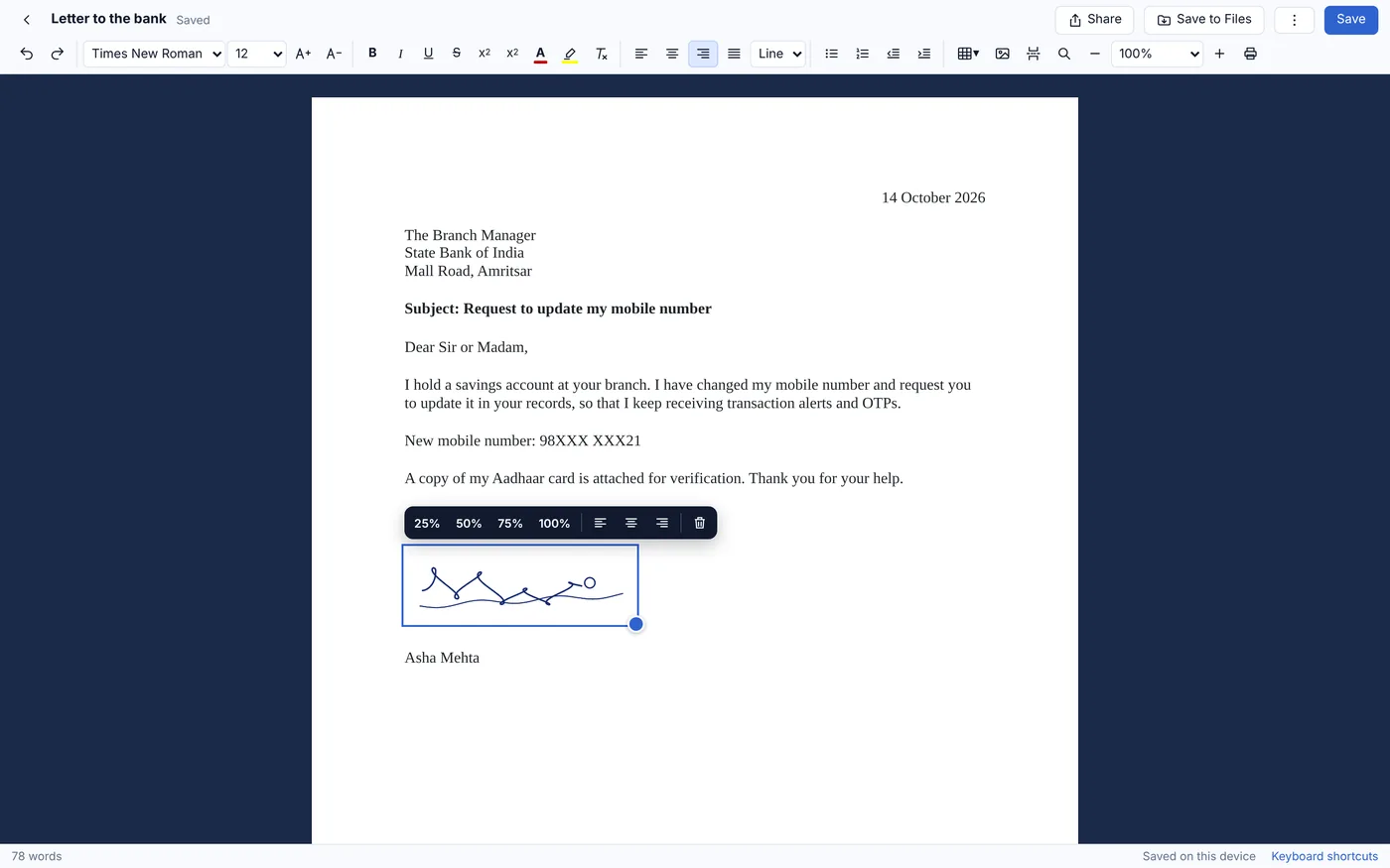 A letter with a pasted signature in RR Office on Mac
