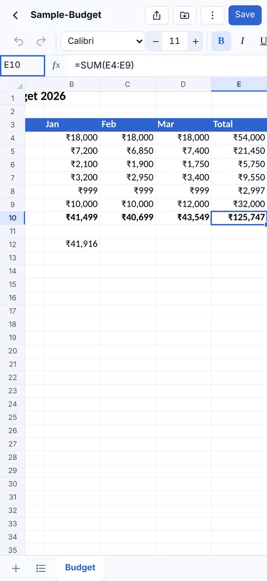 RR Sheets Pro on iPhone: a monthly budget with ₹ totals